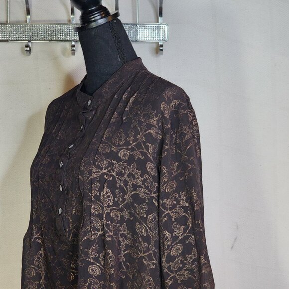 Chico's Dark Brown Gold Silk Foil Sheer Floral Print LS Blouse Chico Sz 3 US XL - Picture 8 of 16